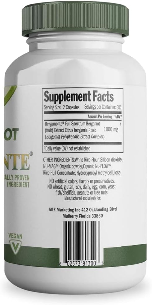 Citrus Bergamot Supplement (Citrus Bergamia) 1,000 mg per Serving (2) 60 Vegan Capsules - Patented Bergamonte...