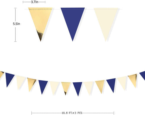 30Ft Navy Blue Gold and Beige Party Decorations Royal Blue Gold Triangle Flag Pennant Banner Bunting for Graduation Birthday Wedding Bridal Shower...