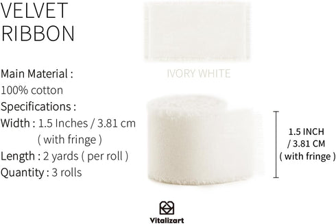 Vitalizart Velvet Ribbon White 1 1/2 Inch Ivory Handmade Frayed Fringe Fabric for Christmas Wreath Craft Ornaments Gift Wrapping Decor Cream 3 Rol...