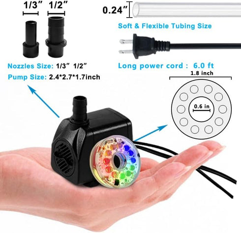 PULACO 10Watt 160GPH Submersible Fountain Pump with Automatic Color Changing LED Light and flow regulator for Water Feature, Outdoor Pond, Aquariu...