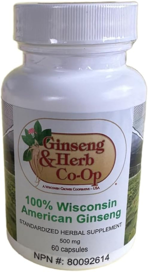 100% Pure Wisconsin American Ginseng Capsules - 500mg. Authentic Panax Quinquefolius. Potent Ground Ginseng Root - No Fillers, Binders or Other Ad...
