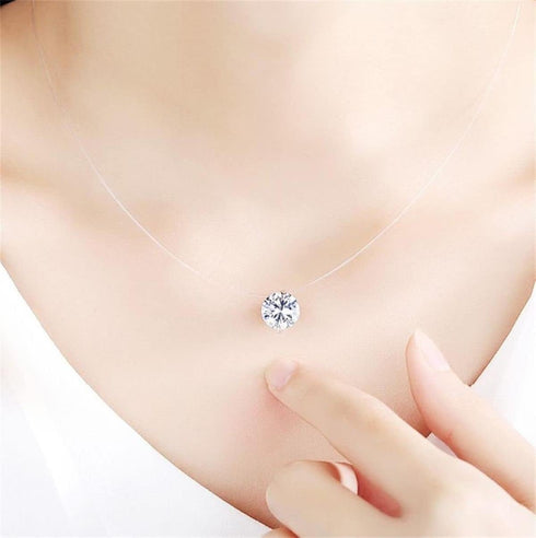 S925 Round fish line two claws Cut Clear Cubic Zirconia Pendant Necklace Silver...
