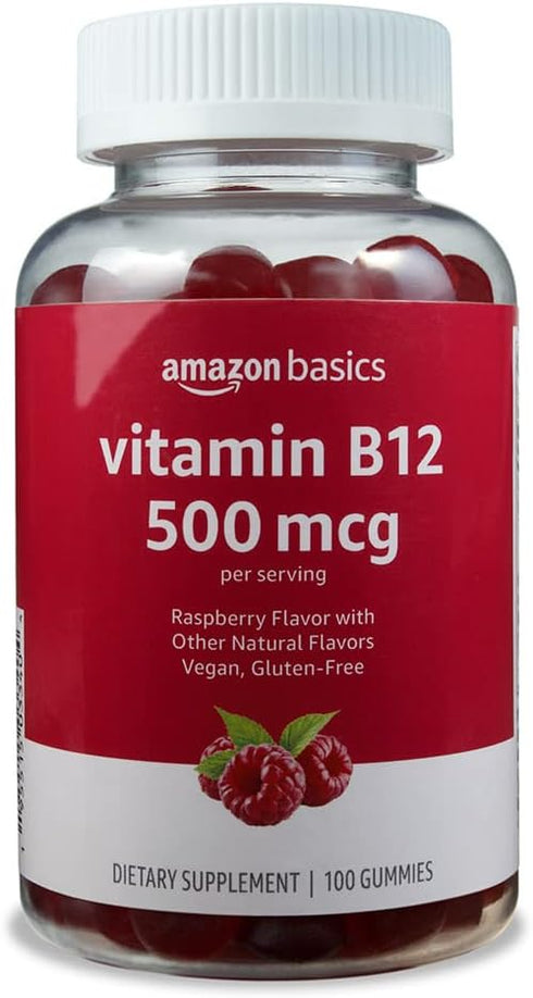 Amazon Basics Vitamin B12 500 mcg Gummies - Normal Energy Production and Metabolism, Immune System Support, Raspberry, 100 Count (2 per Serving) (...