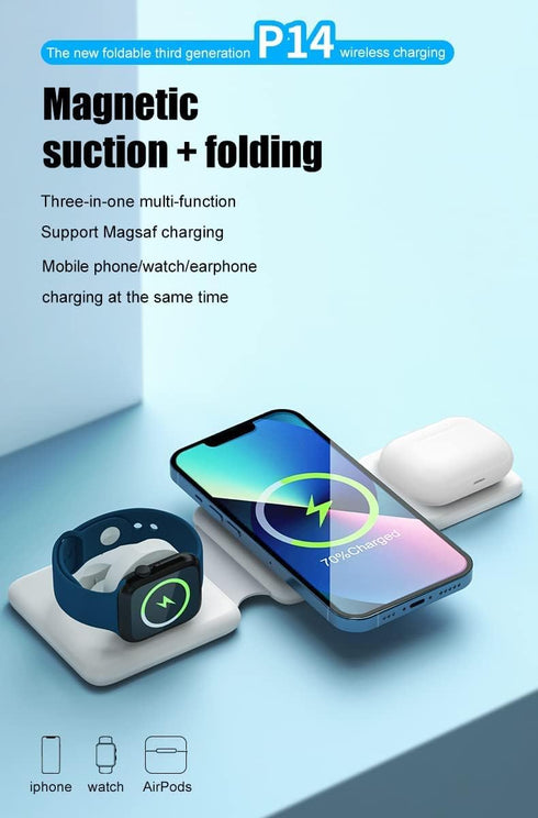 3 in 1 Magnetic Foldable Wireless Charger,Folding Wireless Charging Station for Travel,Wireless Charging Compatible with iPhone 14 13 12 11/Pro/XS...