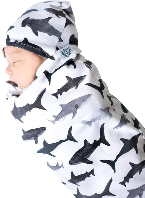 Newborn Infant Baby Sleeping Bag & Hat Cap Shark Print Baby Receiving Blanket Set, 0-12 Months...
