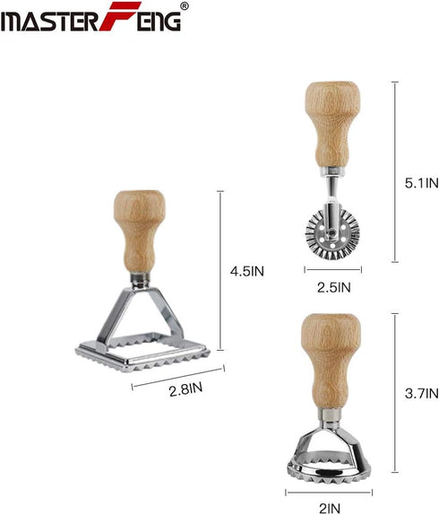 MASTER FENG Ravioli Stamp Maker Cutter with Roller Wheel Set, Mold with Wooden Handle and Fluted Edge, Pasta Press Kitchen Attachment (MF-146)...