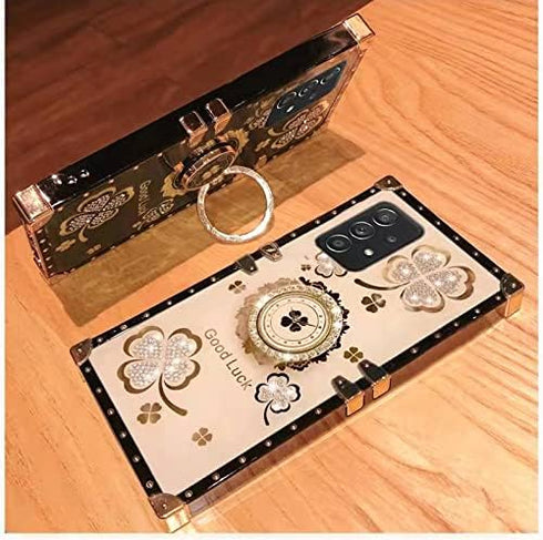 for Samsung Galaxy S21 Ultra Bling Case Fashion Square Bling Diamond Glitter Soft Trunk Cover with Ring Holder Kickstand Phone Skin,Gold...