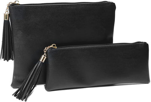 Makeup Bag for Purse,Set of 2 Leather Zipper Makeup Pouch with Makeup Brush Bag Cute Makeup Bags for Women Travel (Black)...