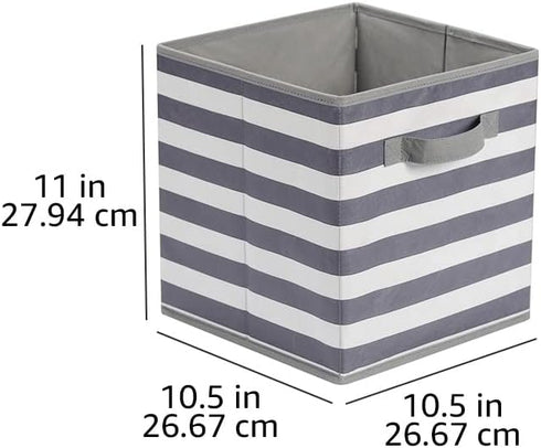 Amazon Basics Collapsible Fabric Storage Cube Organizer with Handles, 10.5 x 10.5 x 11 Inch, White/ Light Grey Stripe - Pack of 6...