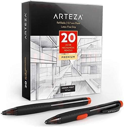 ARTEZA HB Mechanical Pencil Pack of 20, 0.7 Millimeter Medium Point Lead and Replaceable Eraser, Latex-Free Grip, Office and School Supplies...