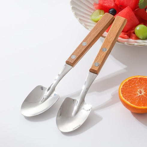 Retro Wooden Handle Spoon,Shovel Shape Stainless Steel Spoons,Ice Cream Fruit Spoon, Silver Silverware With Brown Handle, 4 Pcs....