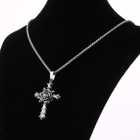 Rose Cross Pendant Necklace for Women Stainless Steel Link Chain Jewelry 21.65"...