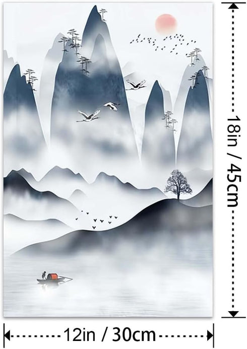 Landscape Painting Chinese Style Poster, Natural Tranquility Watercolor Landscape Mountain Canvas Wall Art, Modern Botanical Wall Art 12x18in...