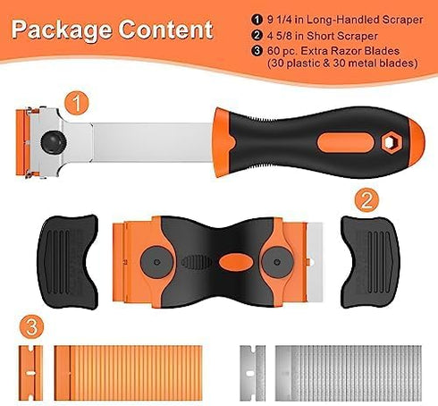 3 Pack Razor Blade Scraper, Plastic Razor Blade Scraper, Scraper Tool with Extra 30 Plastic Razor Blades and 30 Metal Blades, Razor Scraper for Gu...