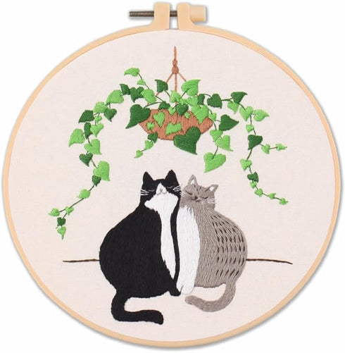 Meecaa Black White Cat Greenery Pet Embroidery Kit Starter Set, Hand Embroidery Set,Pattern Printed Cross Stitch Set for Beginner Adults, with Emb...