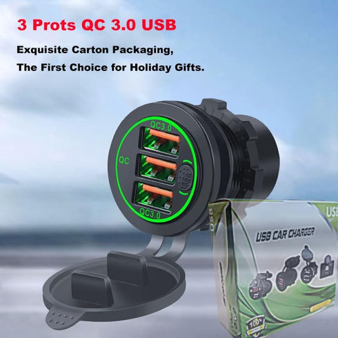 3 Ports Quick Charge 3.0 USB Car Charger, 18W QC3.0 USB Cigarette Lighter Outlet Socket with Switch, 12V-24V Dashboard Flush Mount Charger for Car...