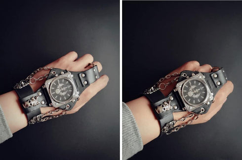 Fashion Hip-Hop Punk Skull Watch for Men Women Black Wide Leather Cuff Band Watch Cool Style Wrist Watches,Chains Locomotive Glove Watch...