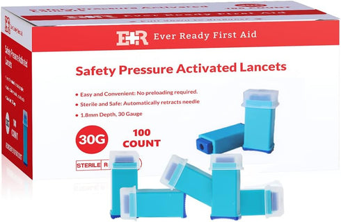 Ever Ready First Aid Safety Pressure Activated Lancets, Sterile Push Lancets with 30 Gauge for Blood Sugar Testing - 100 Count...