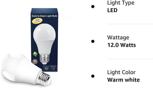 Torkase Outdoor Dusk to Dawn Light Bulbs- No Timer Required, 12W(100W Equivalent), 3000K Warm White, E26 A19 Automatic Sensor LED Bulbs, Built-in ...