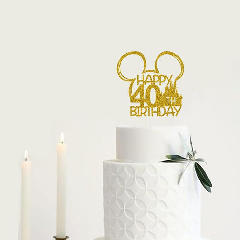 Mouse Inspired Castle Happy 40th Birthday Cake Topper, Cartoon Mouse Themed 40th Birthday Party Decorations, Gold Glitter...