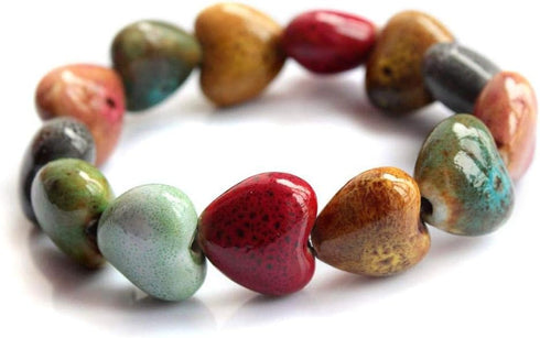 Love Heart Ceramic Bracelet, Flower-Glazed Beaded Bracelet,Elastic Handmade Simple Ethnic Style Hand Chain for Women Girl,1PCS - Colorful...