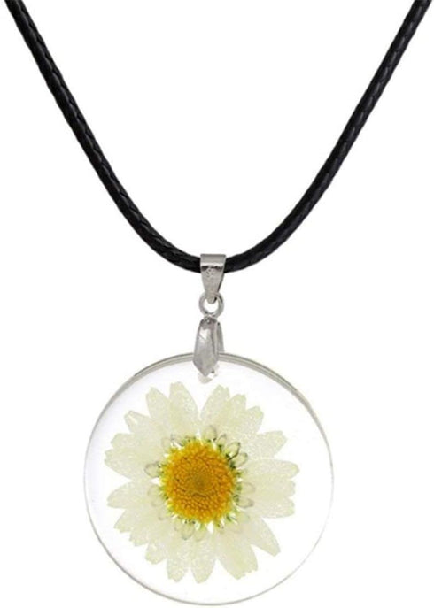 Women Pressed Natural Daisy Flower Resin Pendant Necklace...