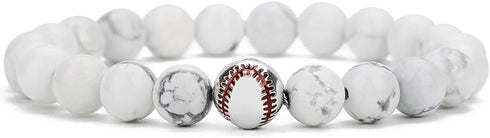 Fuqimanman2020 Baseball Beads Bracelet 8mm White Turquoise Matte Agate Beads Elastic Bracelet...