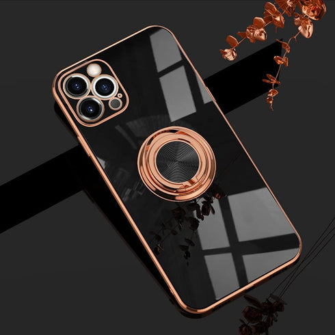 Omorro iPhone 12 Pro Max Ring Holder Case with 360 Rotation Kickstand, Shiny Plating, Rose Gold Edge, Compatible with Magnetic Car Mount, Slim Sof...