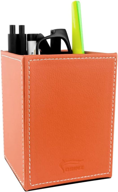 Pen Pencil Holder Cup Container PU Leather Desk Organizer Stand Decor Brush Scissor Holder Decoration Office Desk Home School (Orange, 3.54" x 3.5...