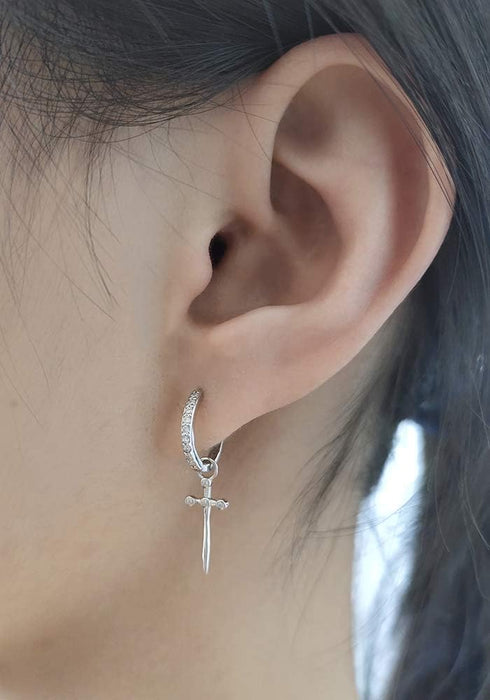 Dagger Hoop Cuff Earrings S925 Sterling Silver Cubic Zirconia Hypoallergenic Cartilage Earrings Huggie Ear Piercing Sword Small Dangle Drop for Wo...
