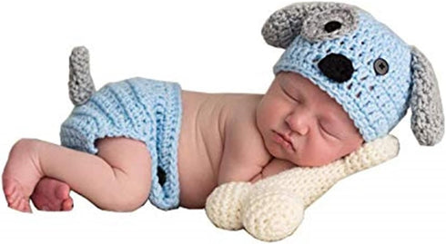 Newborn Baby Girl Boy Photo Props Outfits Crochet Knitted Blue Dog Hat Shorts with Bone Set for Boys Girls Photography Shoot (0-6 Months)...