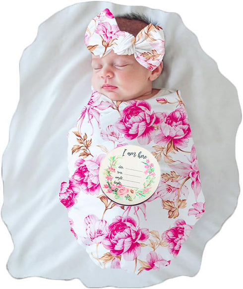 Baby Swaddle Blanket and Headband Set, Newborn Receiving Blanket Swaddle Wrap for Girls and Boys, Swaddling Blankets Neutral for Newborn?Soft and ...