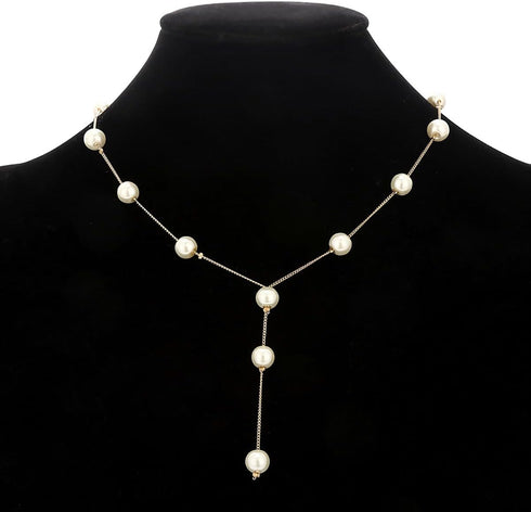 Pearl Jewelry Set for Women Brides Wedding Faux Pearl Necklace Bracelet Earrings Set Simulated Pearl Set Adjustable Y-shaped Pearl Necklaces Daint...