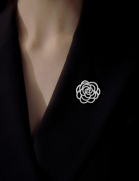 Sparkling Crystal Cut Rose Flower Pave Crystal Camellia Boutonniere Pin Brooch Corsage Blooming Heart Shaped Floral Jewelry for Women...