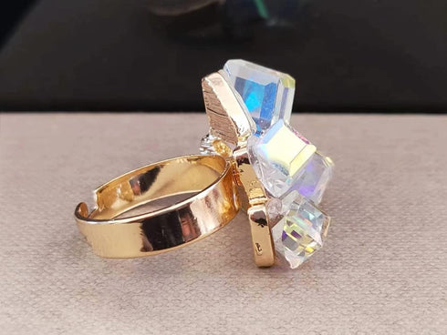 Boho Square Crystal Statement Ring for Women Girls Gold Plated Adjustable Expandable Promise Engagement Geometric Rings Comfort Fit Elegant Art De...