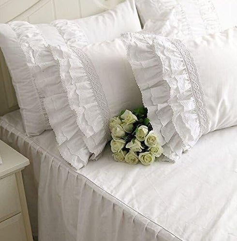 Shabby Vintage White Embroidery Lace & Ruffle Matching Pillowcase Pillow Sham...