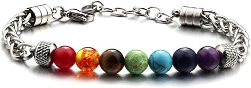 LIU JUN 7 Chakra Bracelet For Men, 8MM Natural Stone Pineapple Beads Stainless Steel Adjustable Silver Cuban Link Chain Handmade Power Healing Gif...