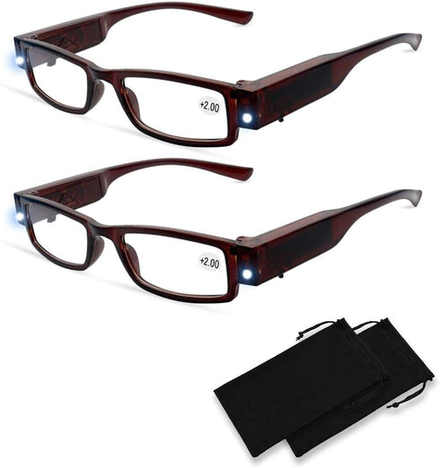 2 Pcs Reading Glasses with Lights for Men and Women Led Readers Fashion Glasses for Reading Lighted Magnifier Nighttime Reader Compact Full Frame ...