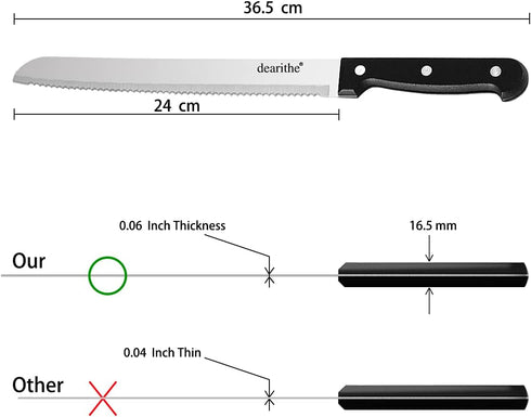 Serrated-Bread Knife 10 Inch, Black Full-Tang and Triple Rivet Stainless Sharp Wavy Edge Wide Bread Cutter, Professional for Slicing Homemade Brea...