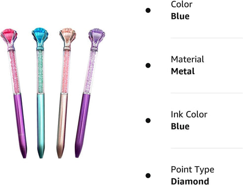 Diamond Pens Pack of 4 Cute Ballpoint Pens Retractable Ballpoint Pen gem pens Rhinestones Crystal Bling Plated Metal Color Blue Gel Ink Office Sup...