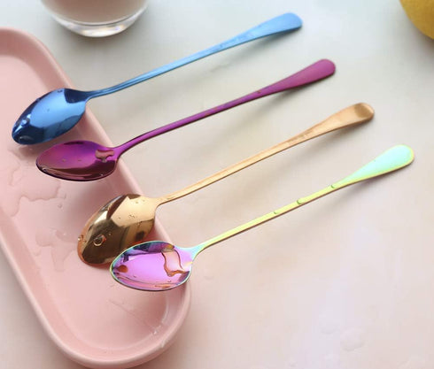 JUCOXO Long Handle Iced Tea Spoon, Stainless Steel Coffee Mixing Spoons, Long Cream Dessert Spoons Set of 4 (Rainbow), Dishwahser Safe...