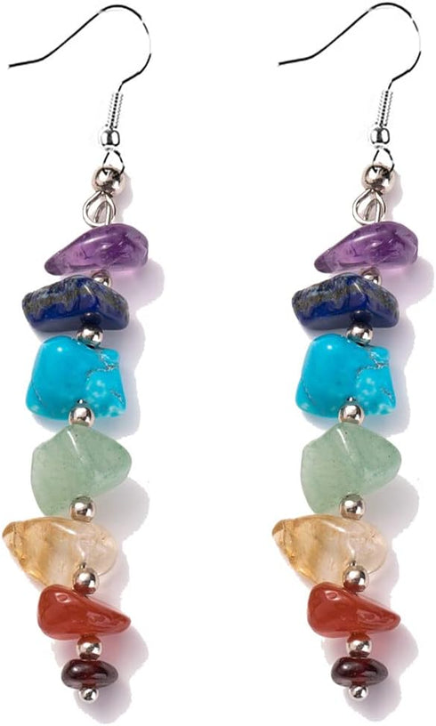 7 Chakra Stone Long Drop Dangle Earrings Colorful Necklace Set Crystal Hook Reiki Healing Beads for Women Yoga Energy Balancing Jewelry...