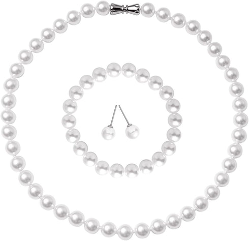 White 8mm Faux Hand Knotted Glass Imitation Pearls Necklace Earring Stainless steel Butterfly spiral buckle Jewelry 3 Set for Women and Men...