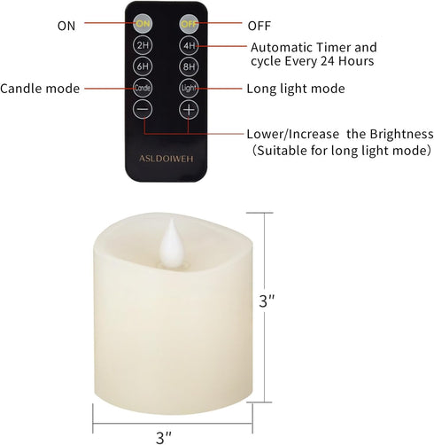 3x3 Flickering Flameless Candles Set of 1, 2AA Battery Life 600 Hours Battery Candles Flickering with Timer,3 inch Flameless Candles with Remote f...
