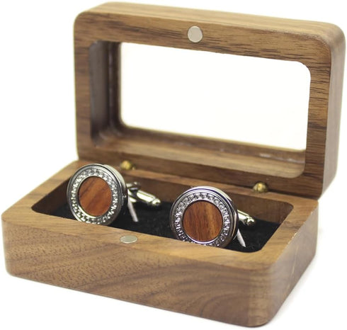 Rustic Black Walnut Wooden Round Cufflinks Tie Clips With Organizer Box for Men...