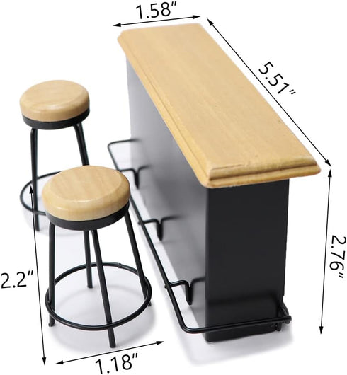 Dollhouse Furniture Metal Bar Table & Chair with Wood Top Pub Set 1:12 Scale Miniature Accessories Bar Counter Stool Mini Dining Coffee Table Mode...