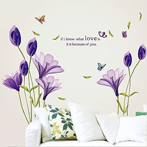 Removable Purple Lovely Lily Flowers Wall Stickers DIY Flower Vines Art Quotes and Butterfly Decal for Home Living Room Girls Bedroom Playroom Bat...