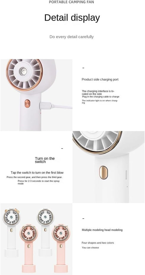 Hand held spray mini fan Misting fan portable USB rechargeable water filling spray fan with 3 speeds (cat series, pink)...