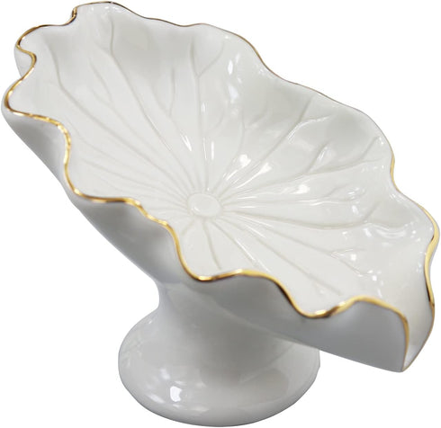 Soap Dish Ceramic White Lotus Leaf Shape Soap Holder Self Draining Soap Dish Waterfall Slot Sponge Holder Bathroom Accessories for Bathroom, Kitch...