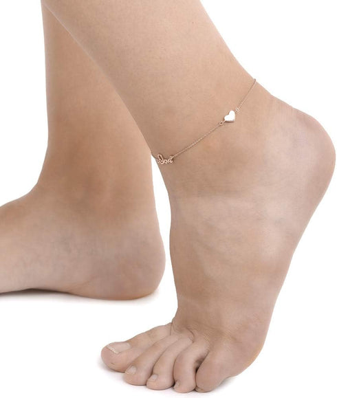 Sterling Silver Jewelry - Rose Gold Plated 925 Stamp - Love and Heart Charm Anklet - Stylish Beautifully Designed for Women - 9" Long + 1" Extende...
